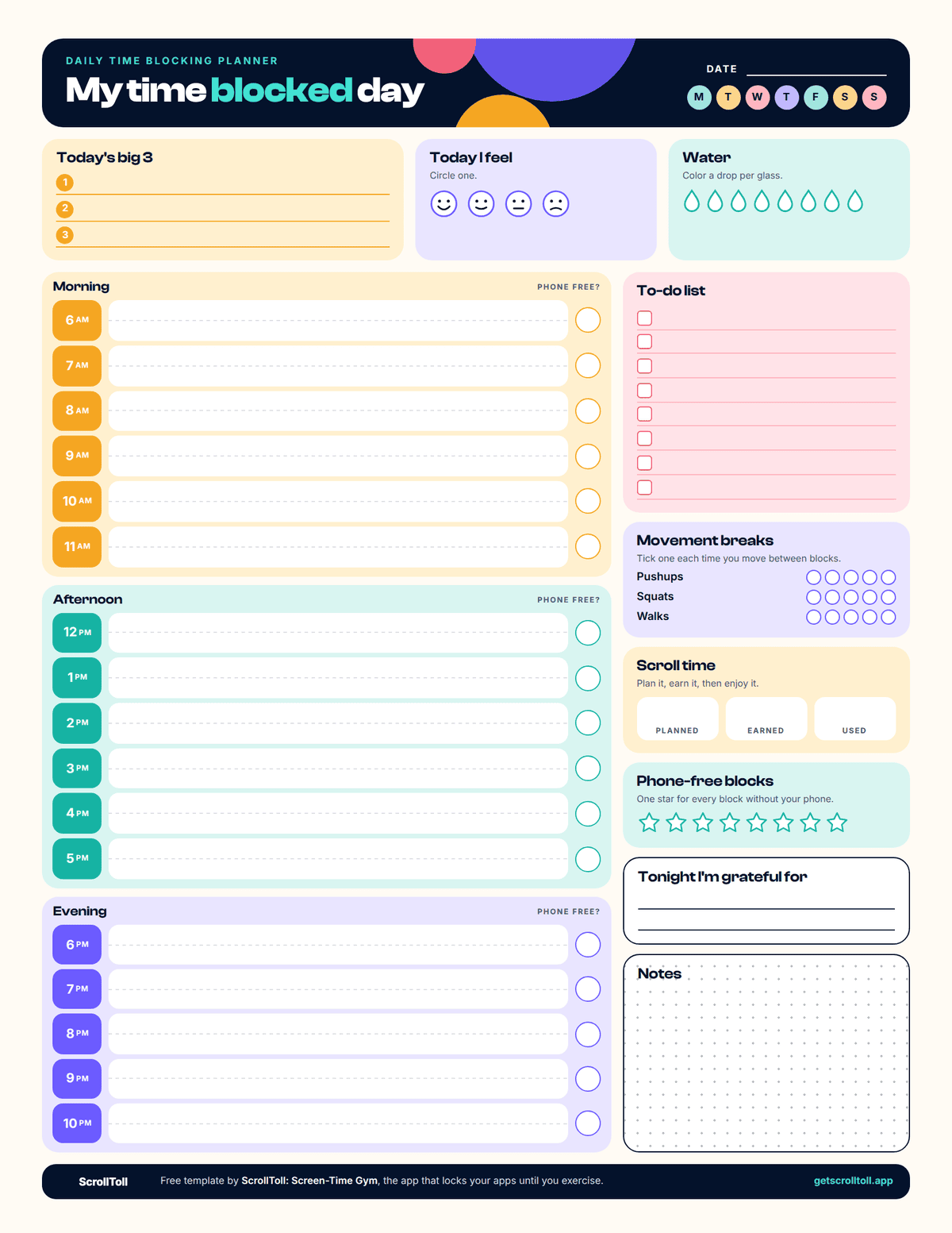Free printable colorful time blocking planner template
