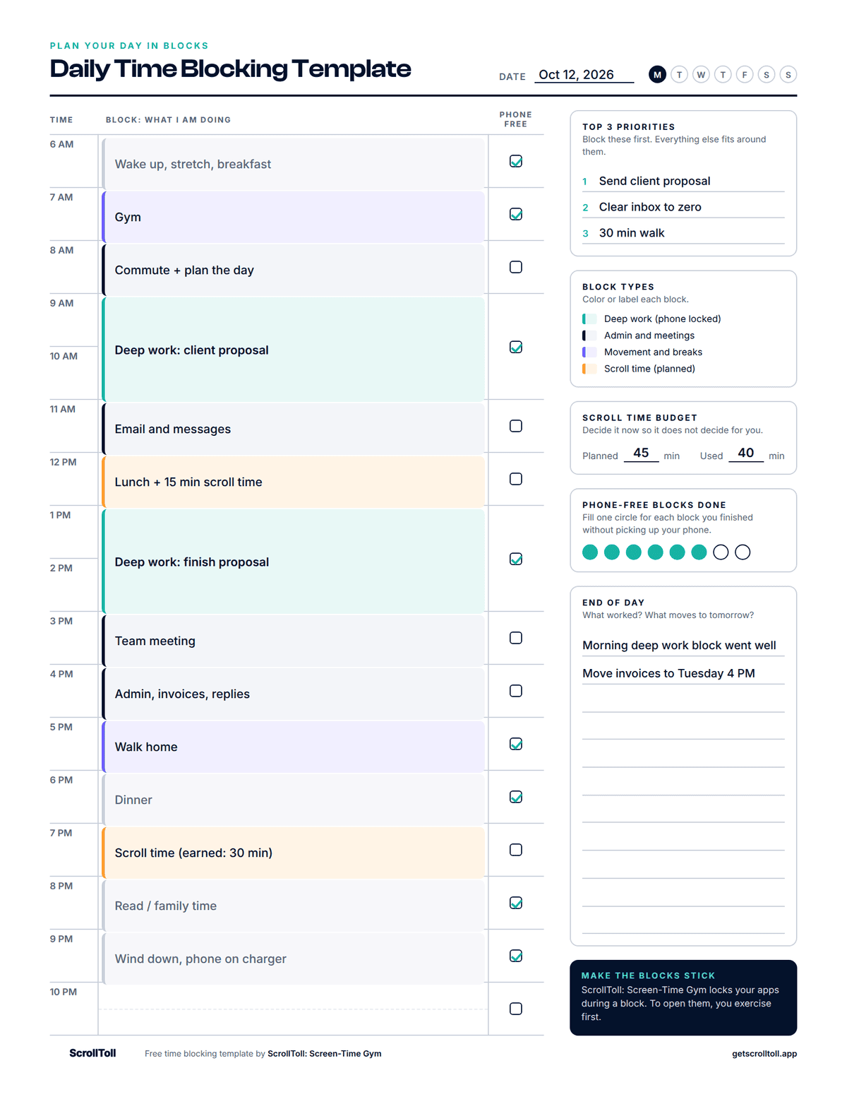 Time blocking example showing a filled-in daily schedule