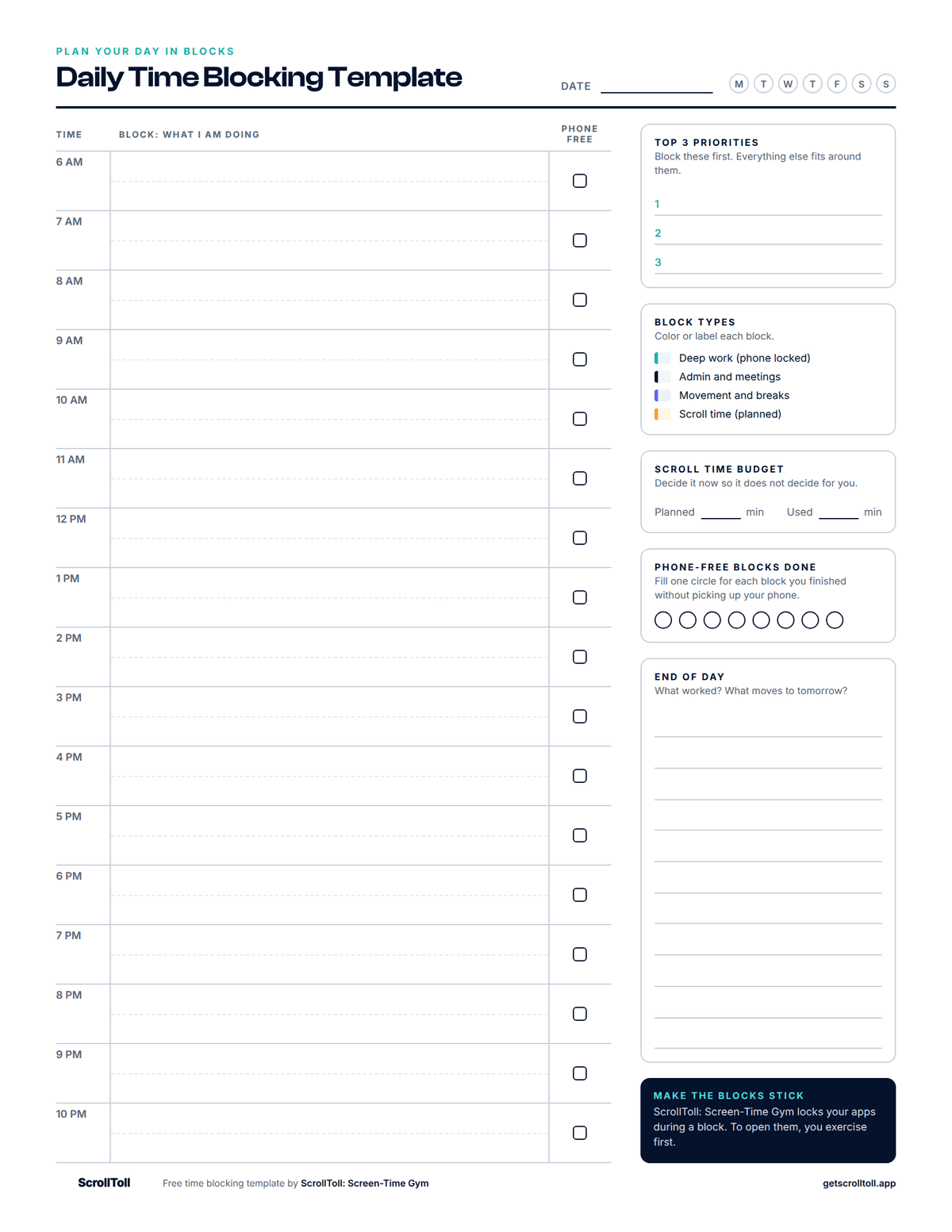 Free printable daily time blocking template, minimal style